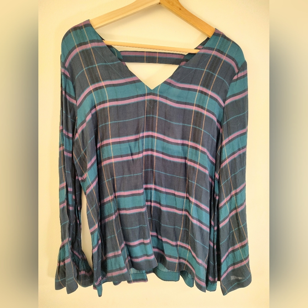 LOFT Top Size M V Neck Bell Sleeve Blue Plaid- NWT